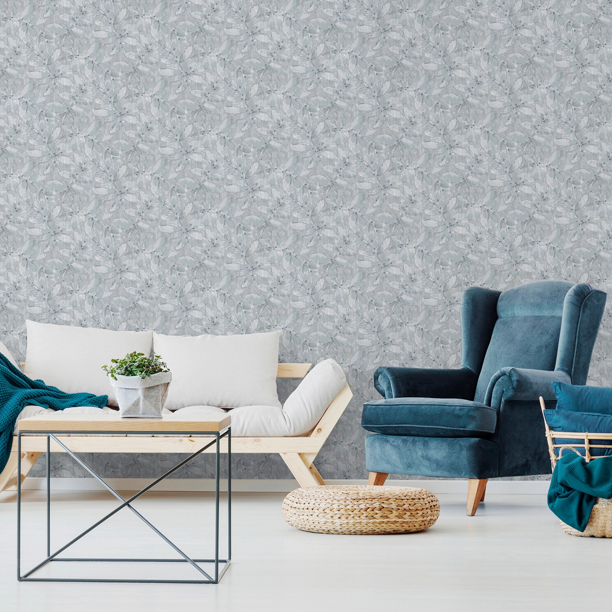 Dekor tapéta leveles faág mintával indigókék és türkiz színben