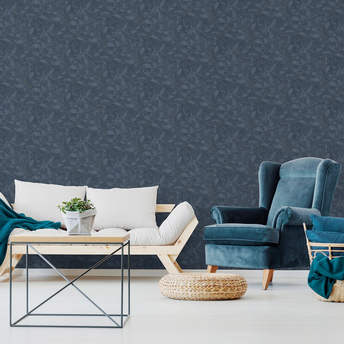 Dekor tapéta leveles faág mintával matrózkék és barna színben