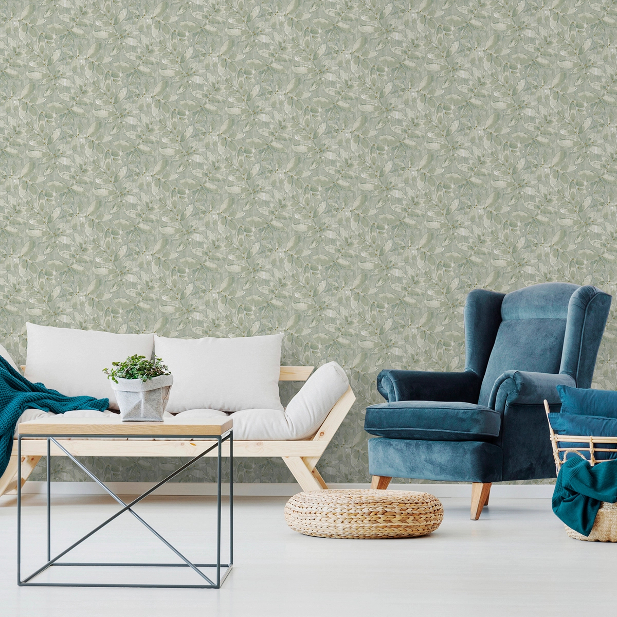 Dekor tapéta leveles faág mintával zöld színben