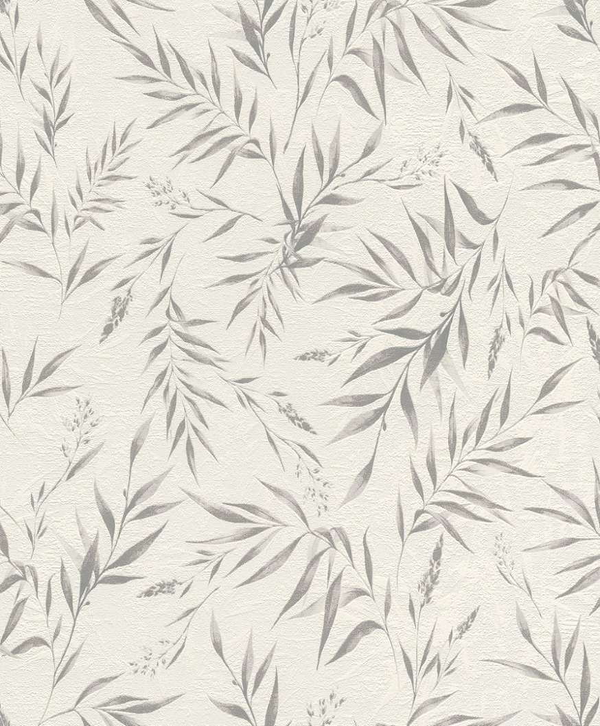 Dekor tapéta leveles mintával szürke és fényes ezüst színben