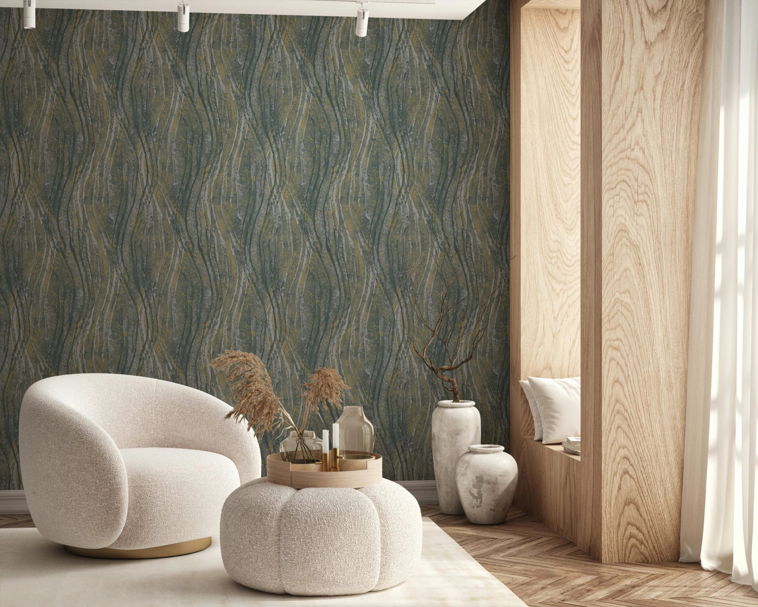 Dekor tapéta loft hullámos mintával antracit és arany színben