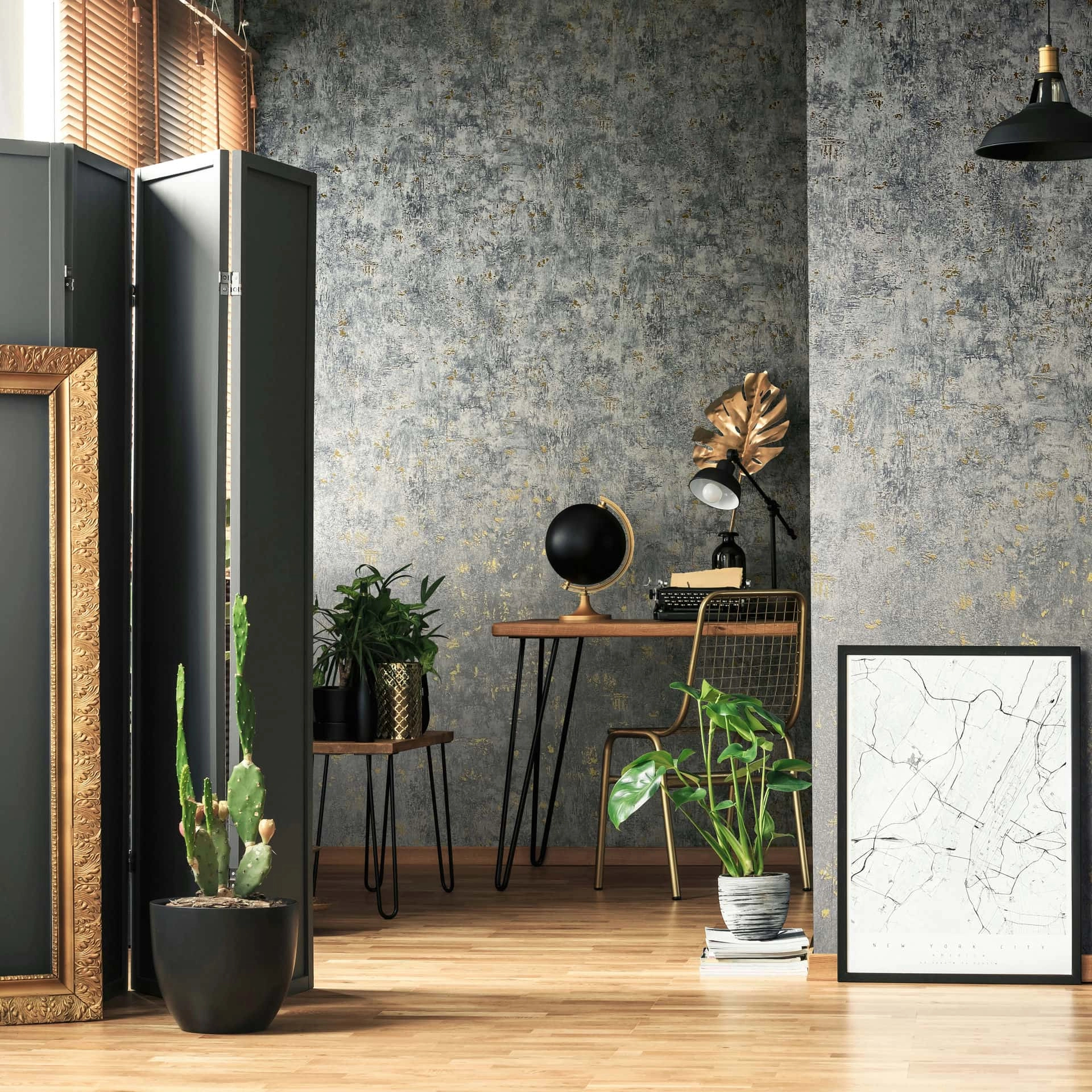 Dekor tapéta loft kőhatású mintával antracitszürke és fényes arany színben