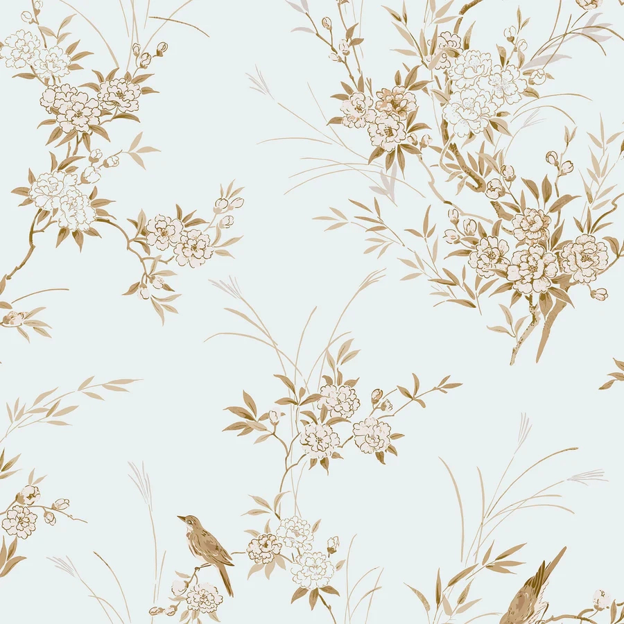 Dekor tapéta madár és virág mintával arany és világoskék színben