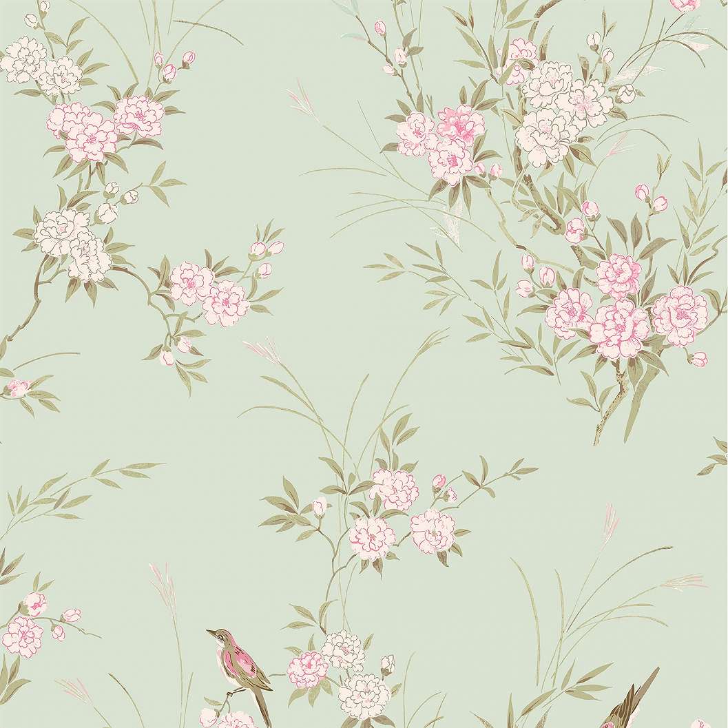 Dekor tapéta madár és virág mintával pasztelzöld és rószaszín színben