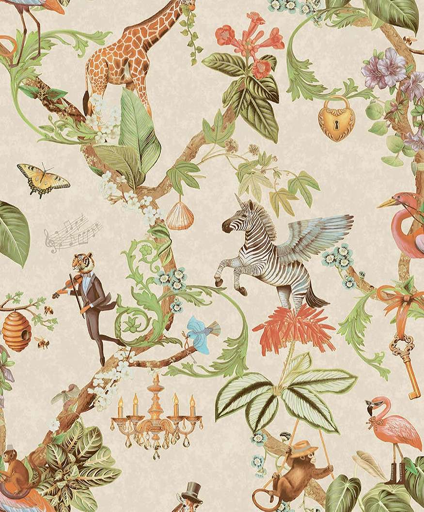 Dekor tapéta metálos arany kontúros fantázia szafari mintás beige színben