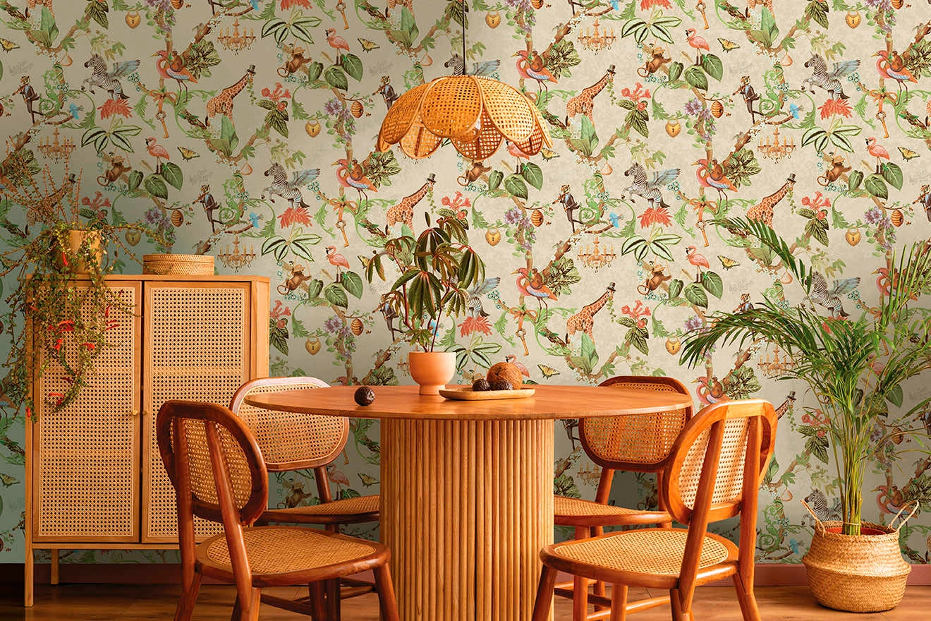 Dekor tapéta metálos arany kontúros fantázia szafari mintás beige színben