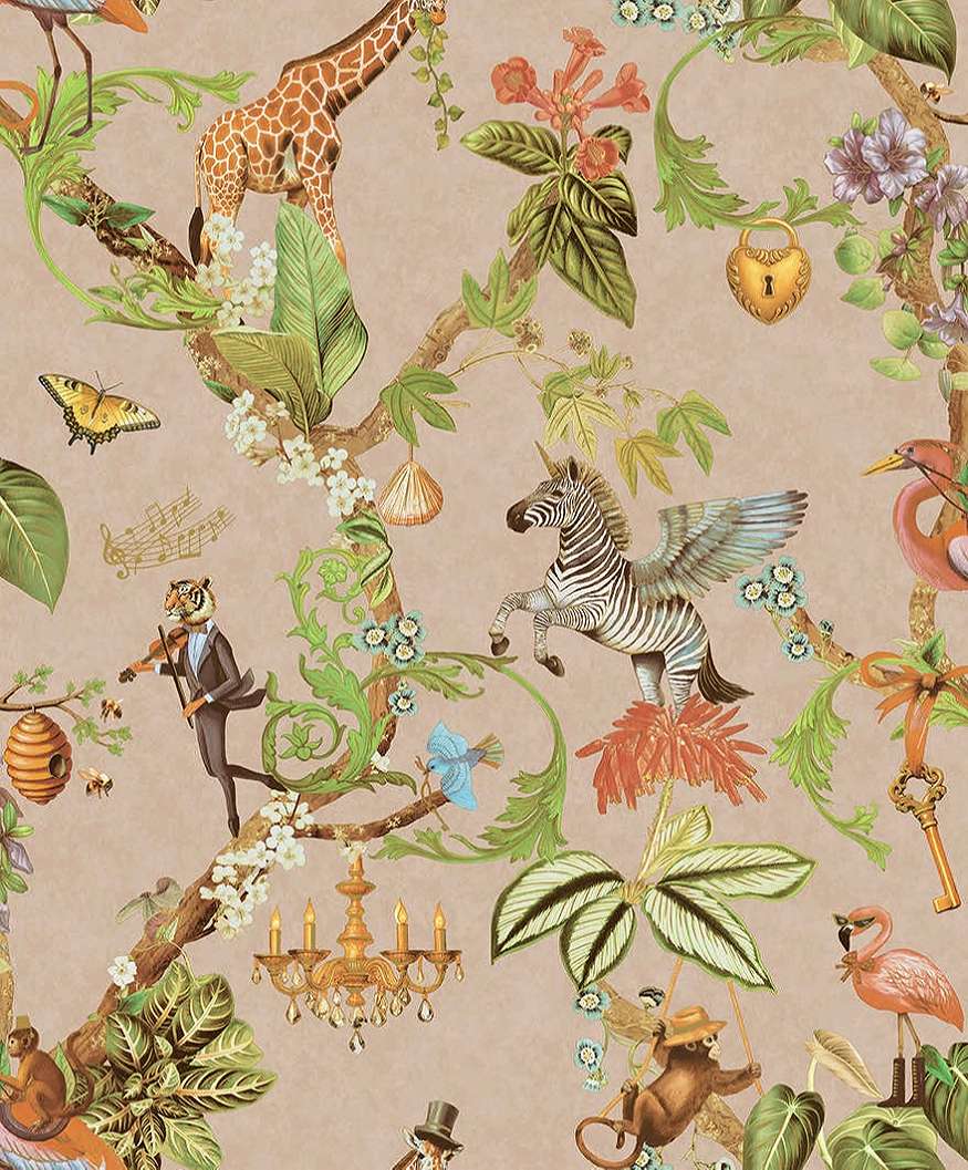 Dekor tapéta metálos arany kontúros fantázia szafari mintás rózsaszín színben