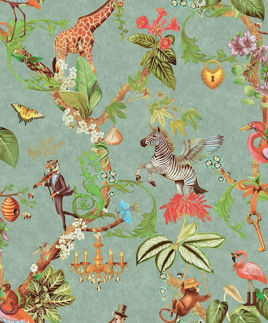 Dekor tapéta metálos arany kontúros fantázia szafari mintás türkiz színben