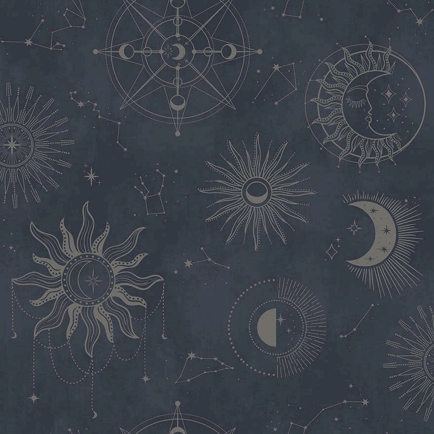 Dekor tapéta metálos ezüst nap és hold mintás matrózkék színben