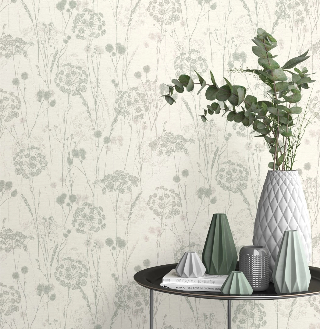 Dekor tapéta mezei virág mintával krém és mentazöld színben