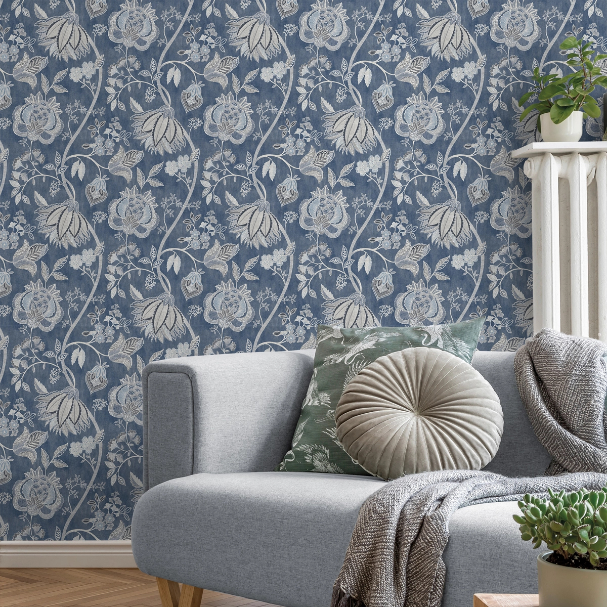 Dekor tapéta nagy virágzó inda mintával kék színben