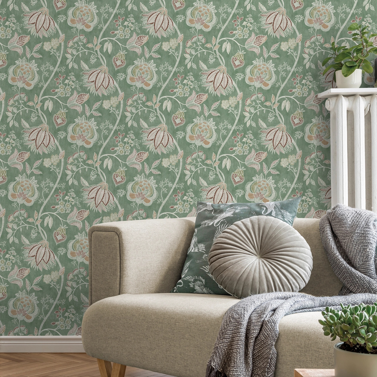 Dekor tapéta nagy virágzó inda mintával zöld színben