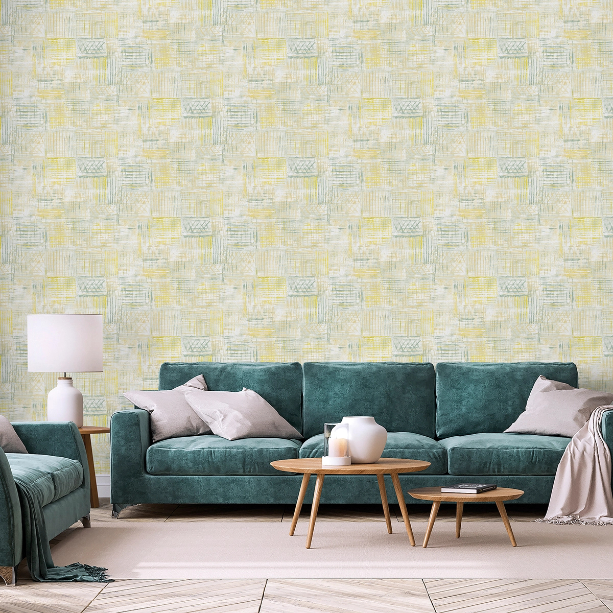 Dekor tapéta rajzolt geometrikus mintával sárga és zöld színben