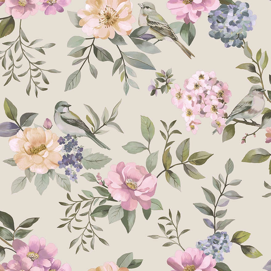 Dekor tapéta rózsa és madár mintás krém és rózsaszín színben
