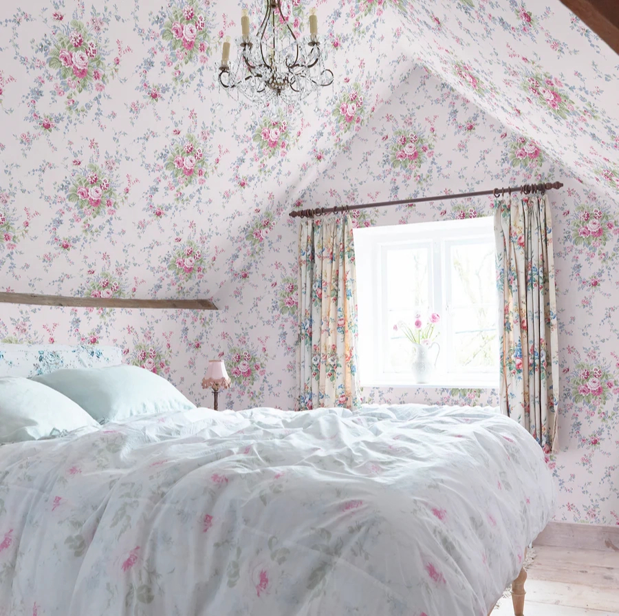 Dekor tapéta rózsacsokor mintával pink és kék színben