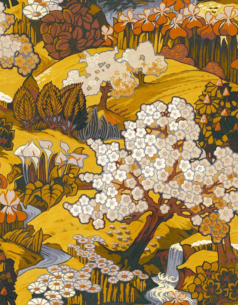 Dekor tapéta sárga színben keleties kert virág mintával
