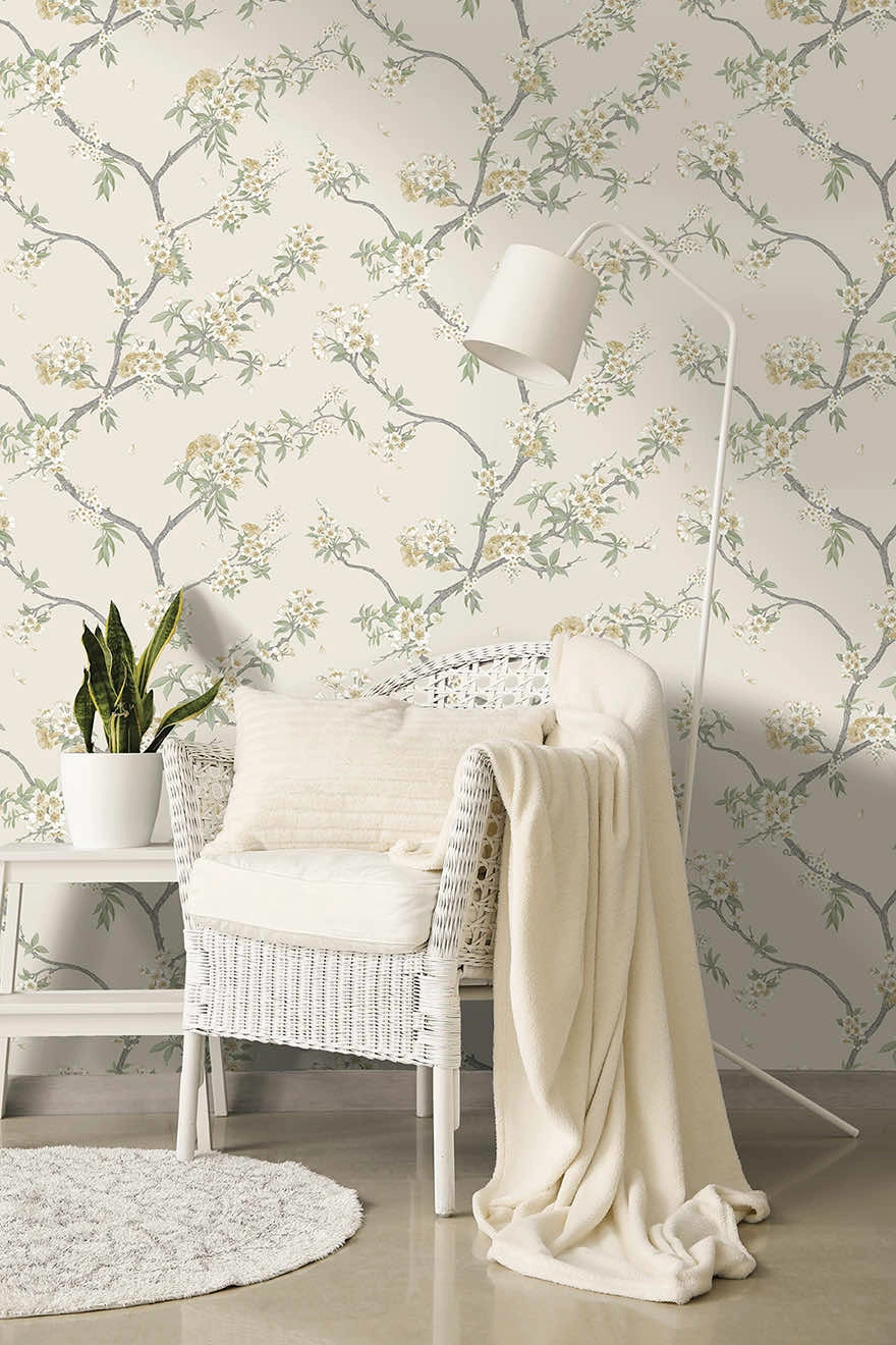 Dekor tapéta sárga virágos faág mintás krém színben