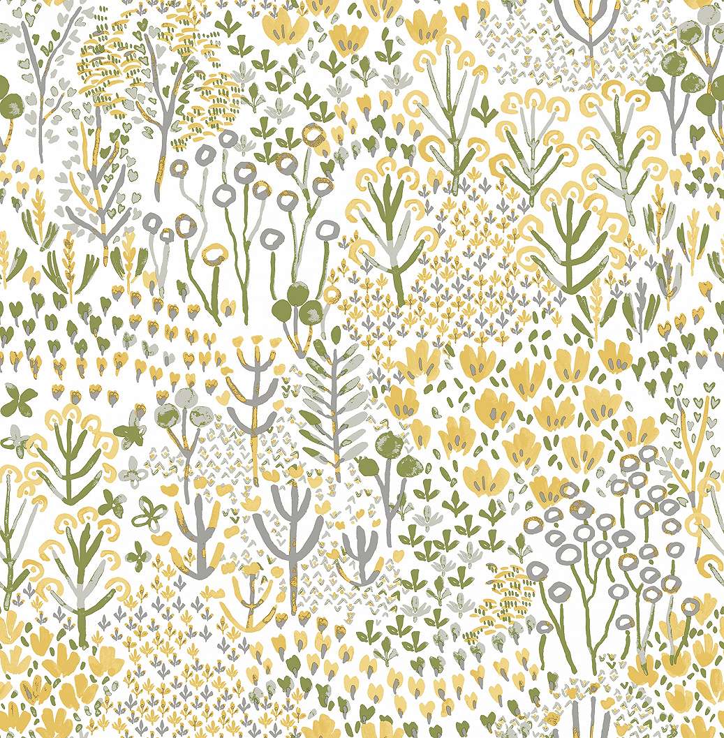 Dekor tapéta sárgás összhatású rajzolt virágmezőt idéző mintával