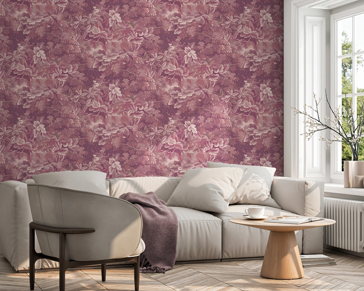 Dekor tapéta szőtt hatású levél mintával bordó színben