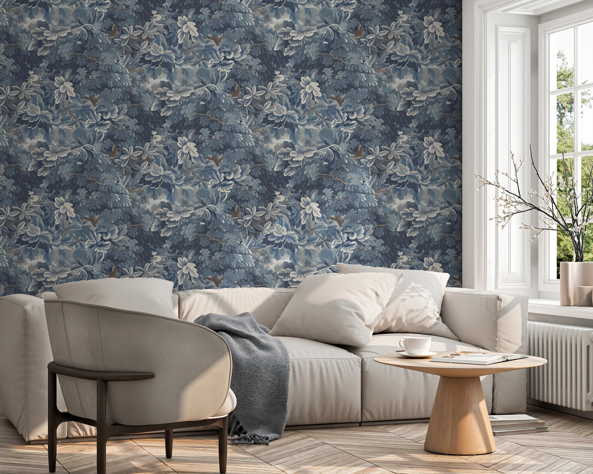 Dekor tapéta szőtt hatású levél mintával kék színben