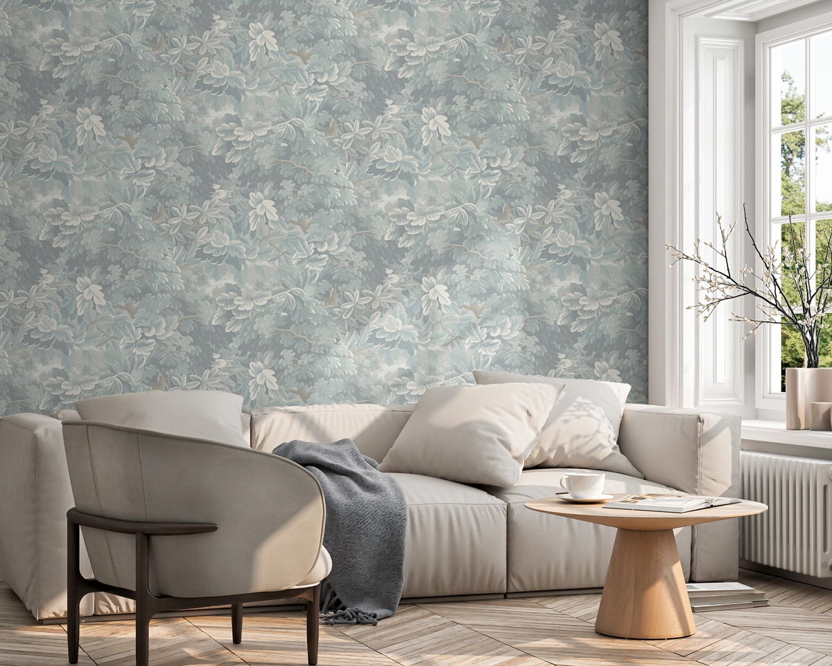 Dekor tapéta szőtt hatású levél mintával világoskék színben