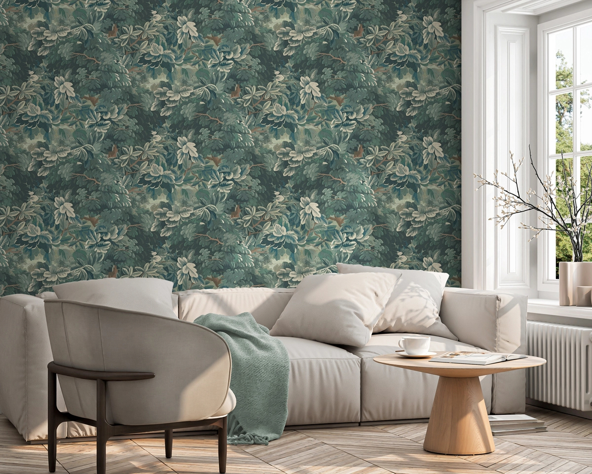 Dekor tapéta szőtt hatású levél mintával zöld színben