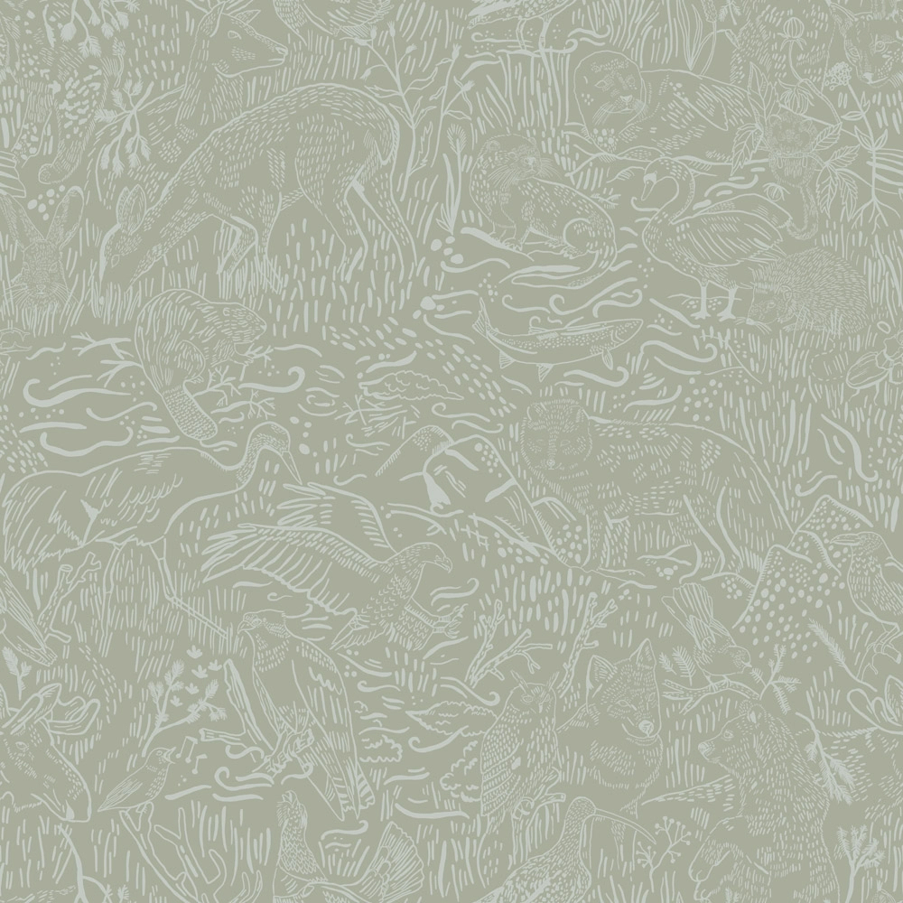 Dekor tapéta szürkészöld erdei állatos mintával