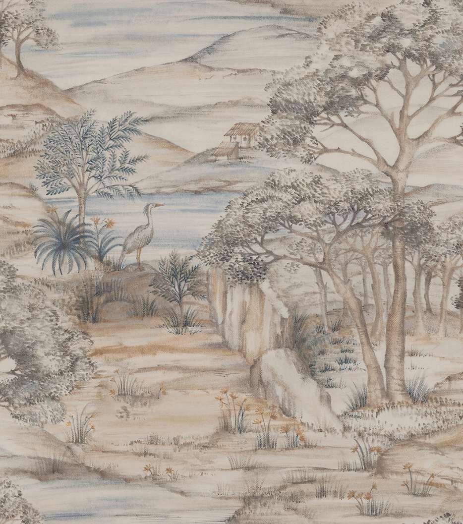 Dekor tapéta tájkép és madár mintával halvány színben