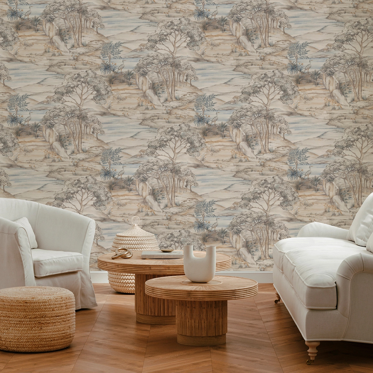 Dekor tapéta tájkép és madár mintával halvány színben