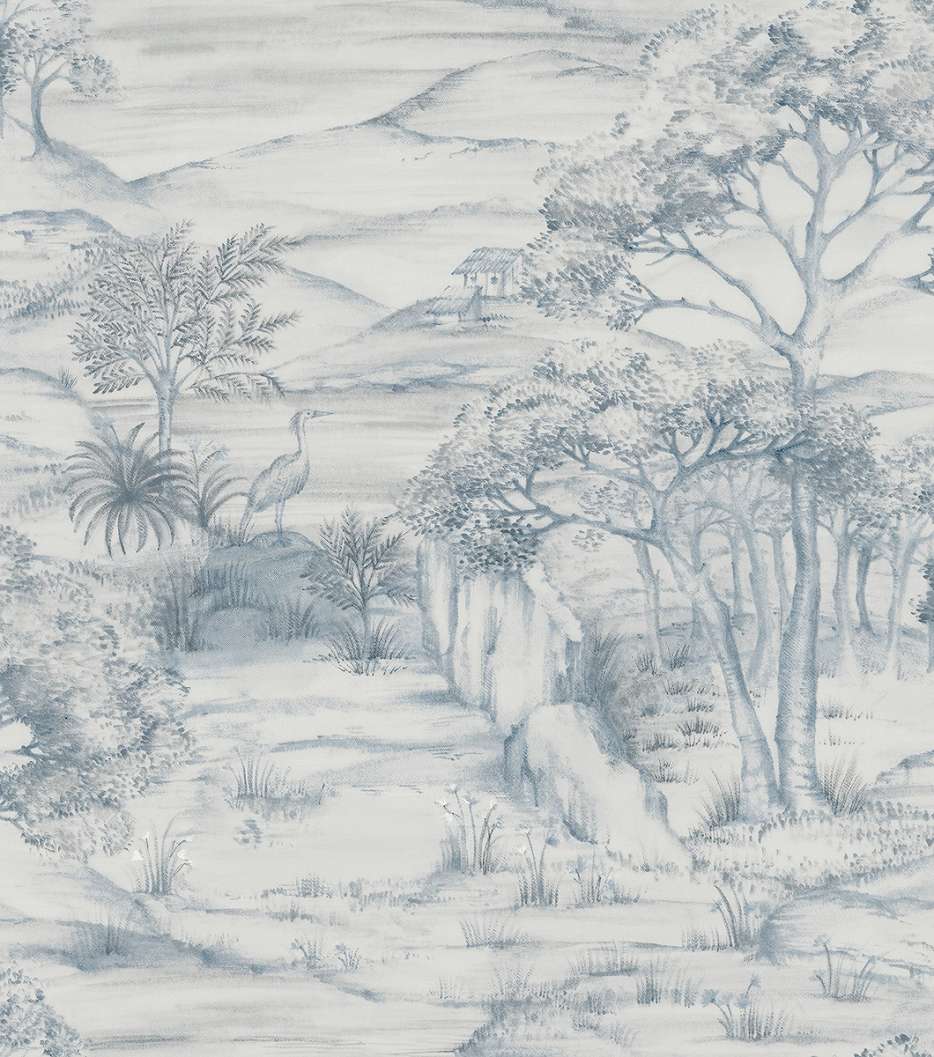 Dekor tapéta tájkép és madár mintával kék színben