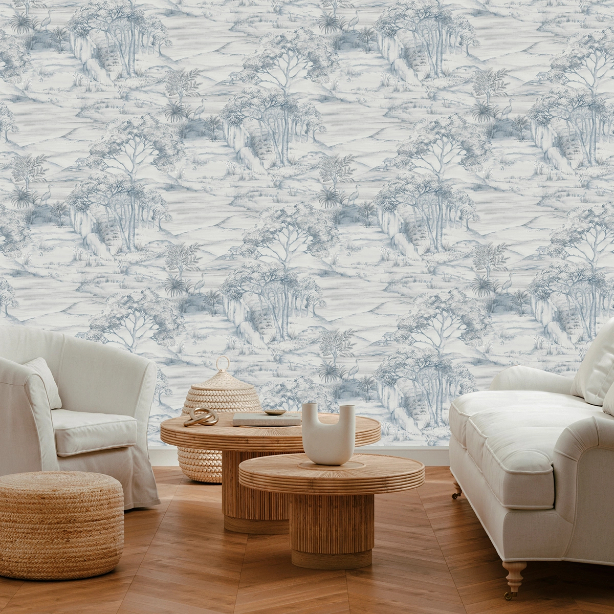 Dekor tapéta tájkép és madár mintával kék színben