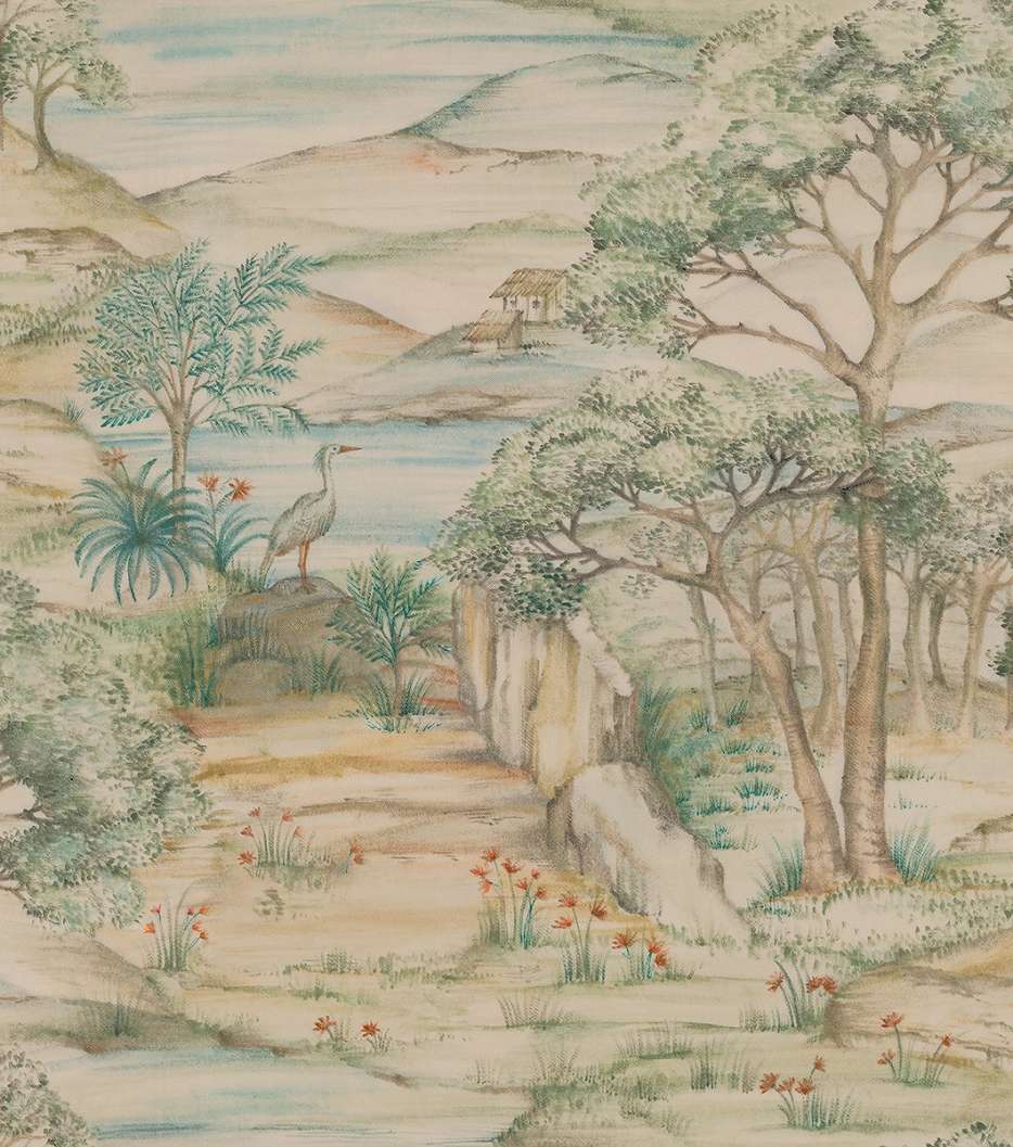 Dekor tapéta tájkép és madár mintával pasztel színben