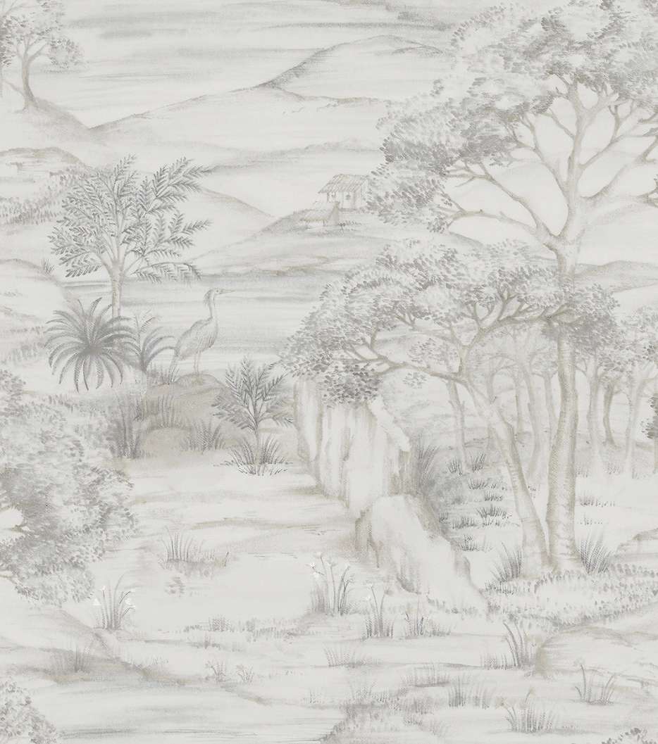 Dekor tapéta tájkép és madár mintával szürke és beige színben