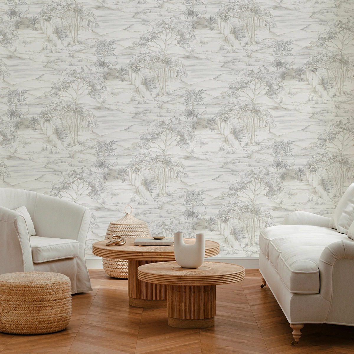 Dekor tapéta tájkép és madár mintával szürke és beige színben