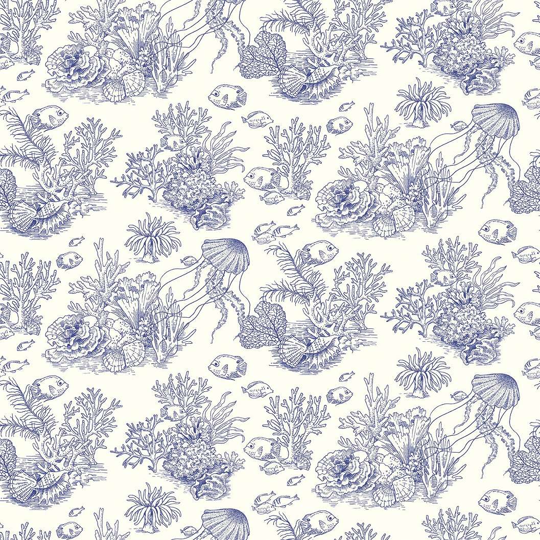 Dekor tapéta tengeriállatok és növények mintával indigókék színben