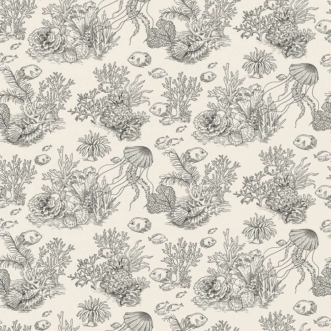 Dekor tapéta tengeriállatok és növények mintával krém és fekete színben