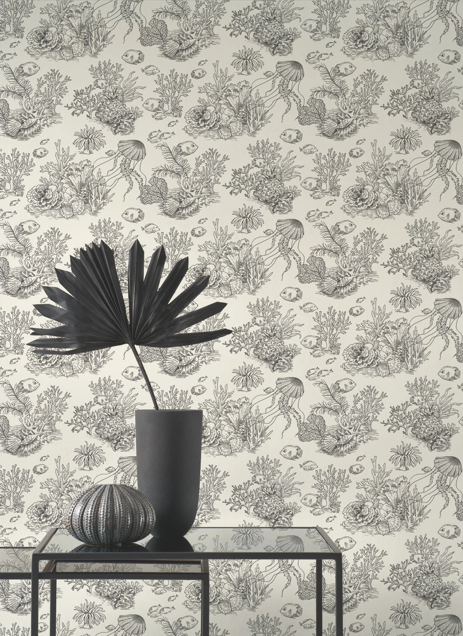 Dekor tapéta tengeriállatok és növények mintával krém és fekete színben