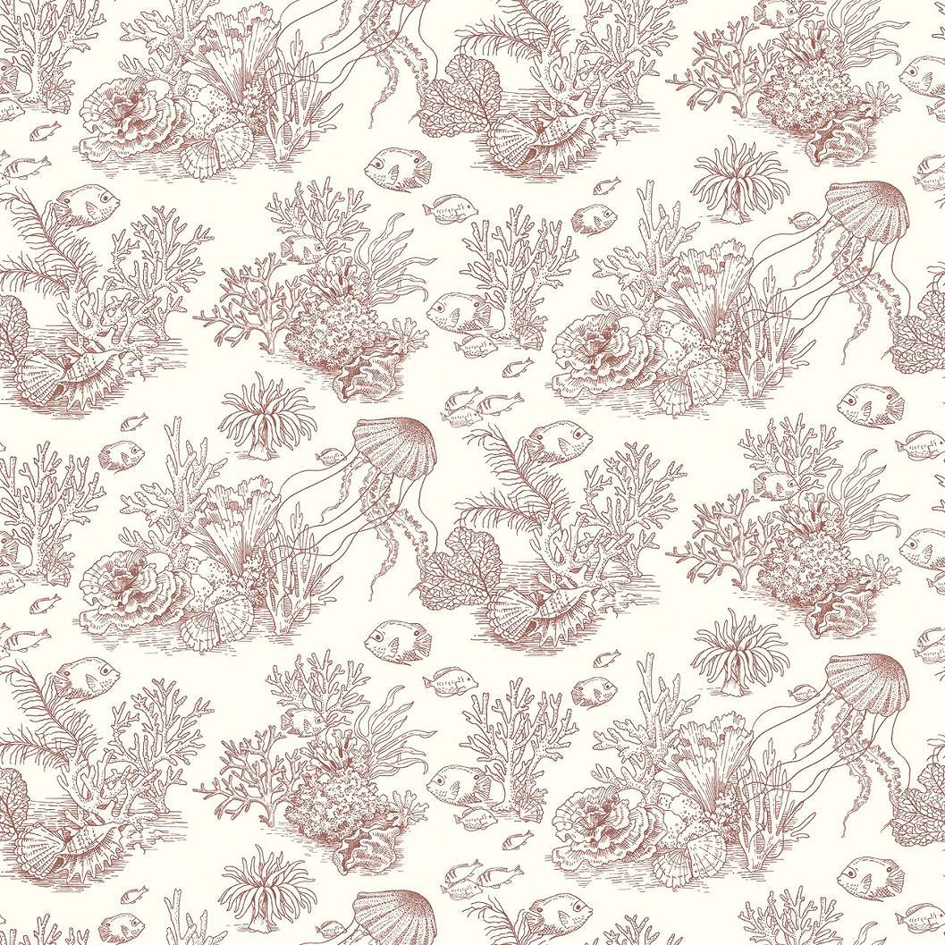 Dekor tapéta tengeriállatok és növények mintával rúzspiros színben