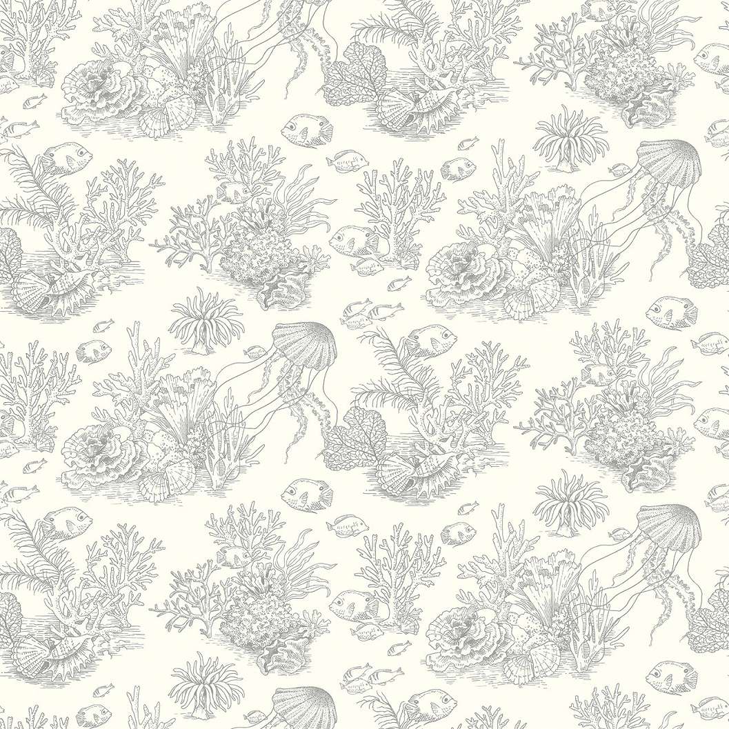 Dekor tapéta tengeriállatok és növények mintával sötétszürke színben