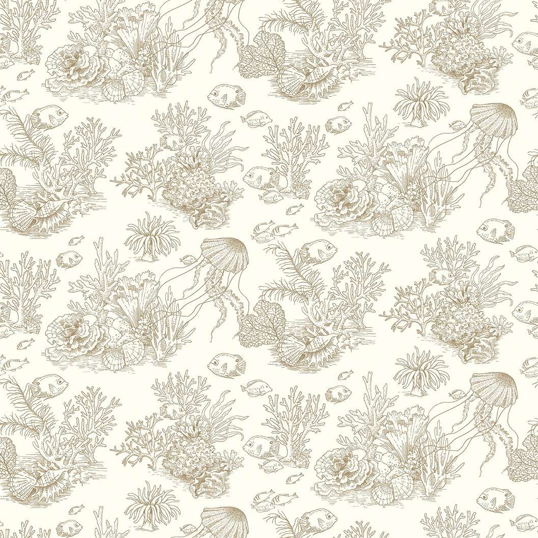 Dekor tapéta tengeriállatok és növények mintával szépia színben