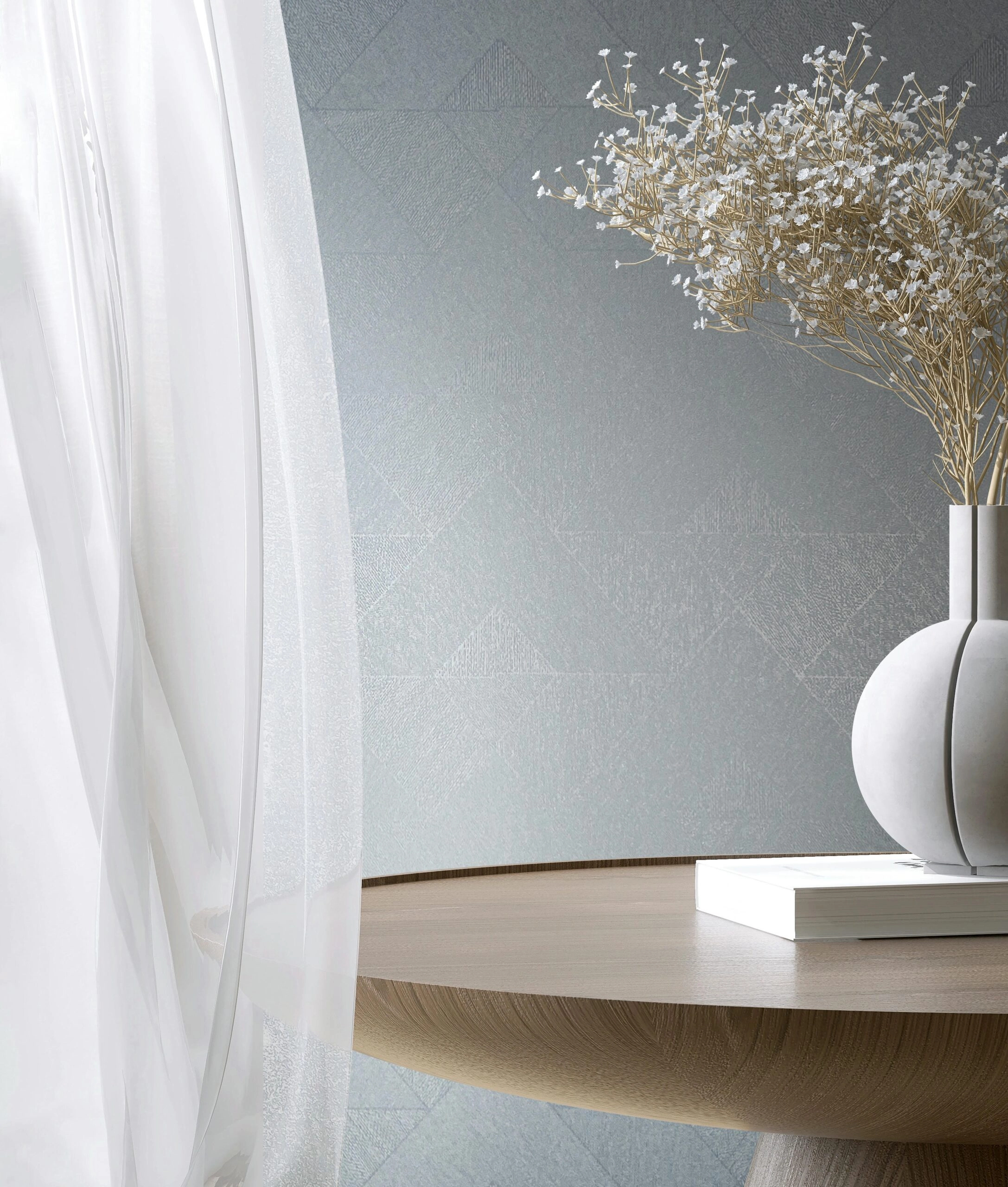 Dekor tapéta textilhatású geometriai mintával fényes kékesszürke színben