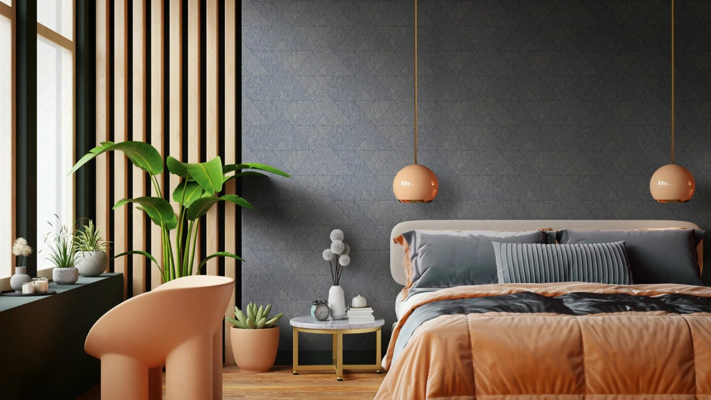 Dekor tapéta textilhatású geometriai mintával fényes szürke és beige színben