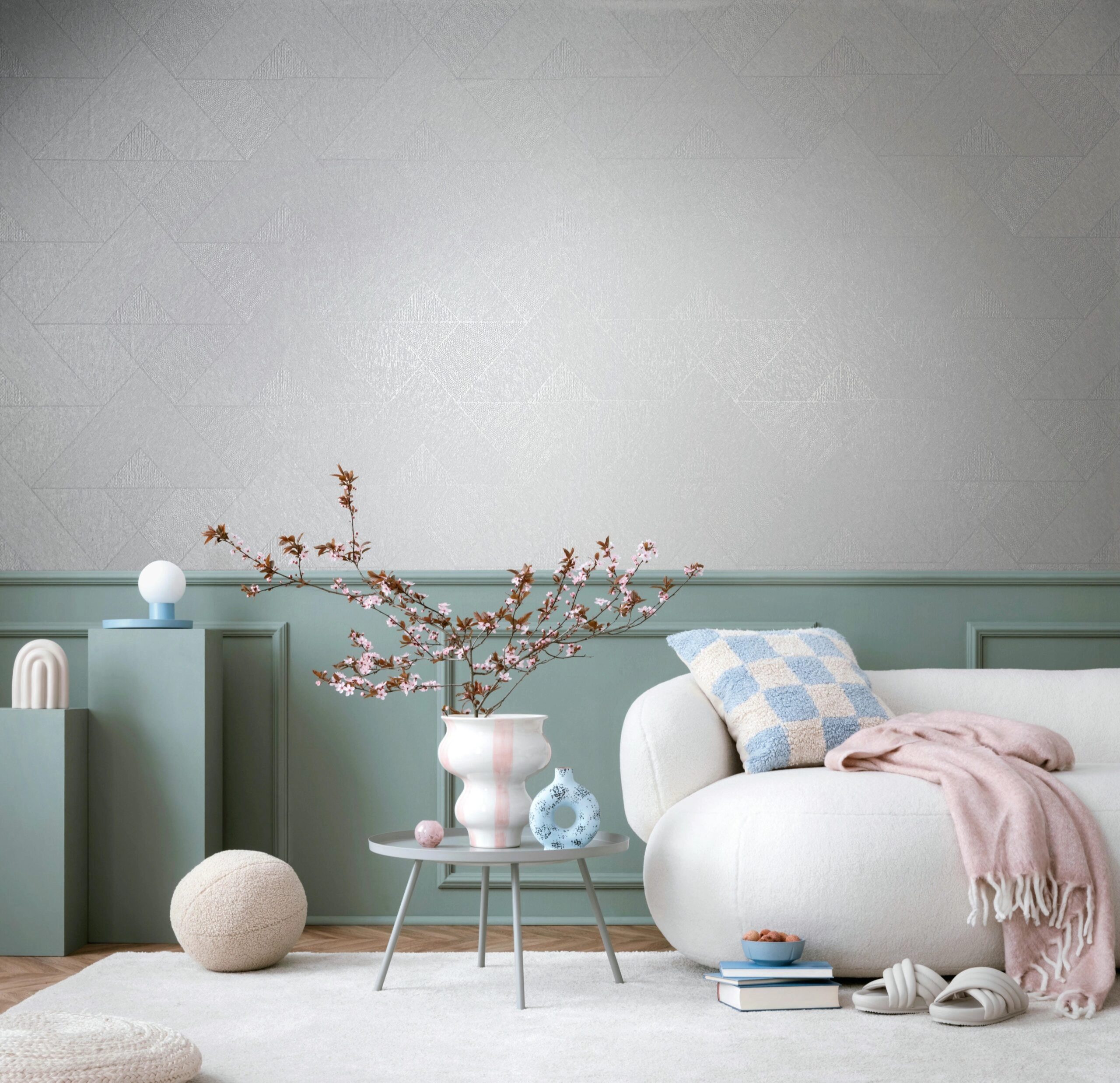 Dekor tapéta textilhatású geometriai mintával fényes törtfehér színben