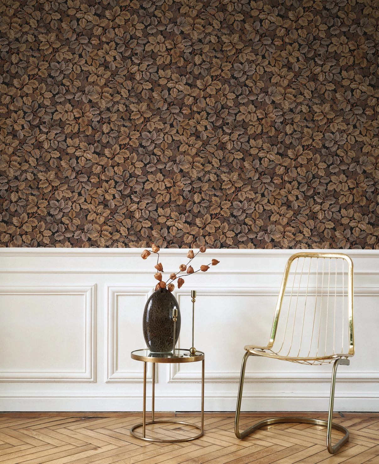 Dekor tapéta tölgyfalevél mintával barna színben