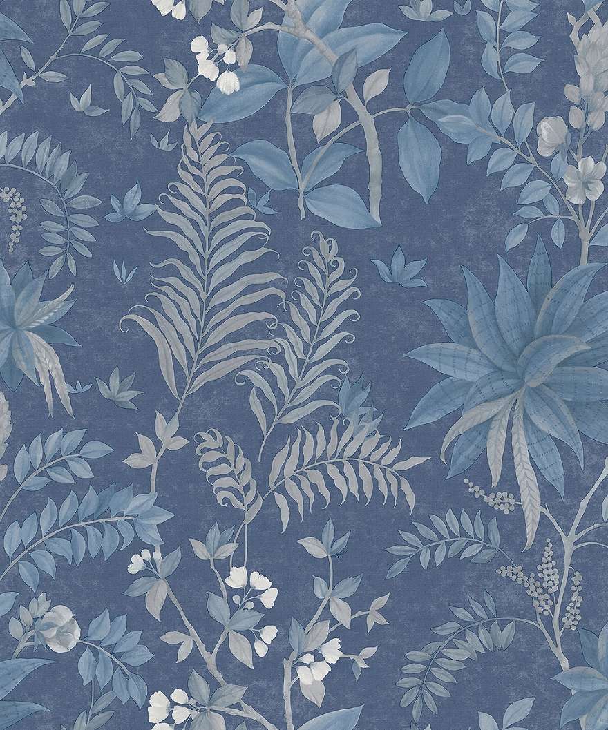 Dekor tapéta trópusi inda és virág mintával indigókék színben