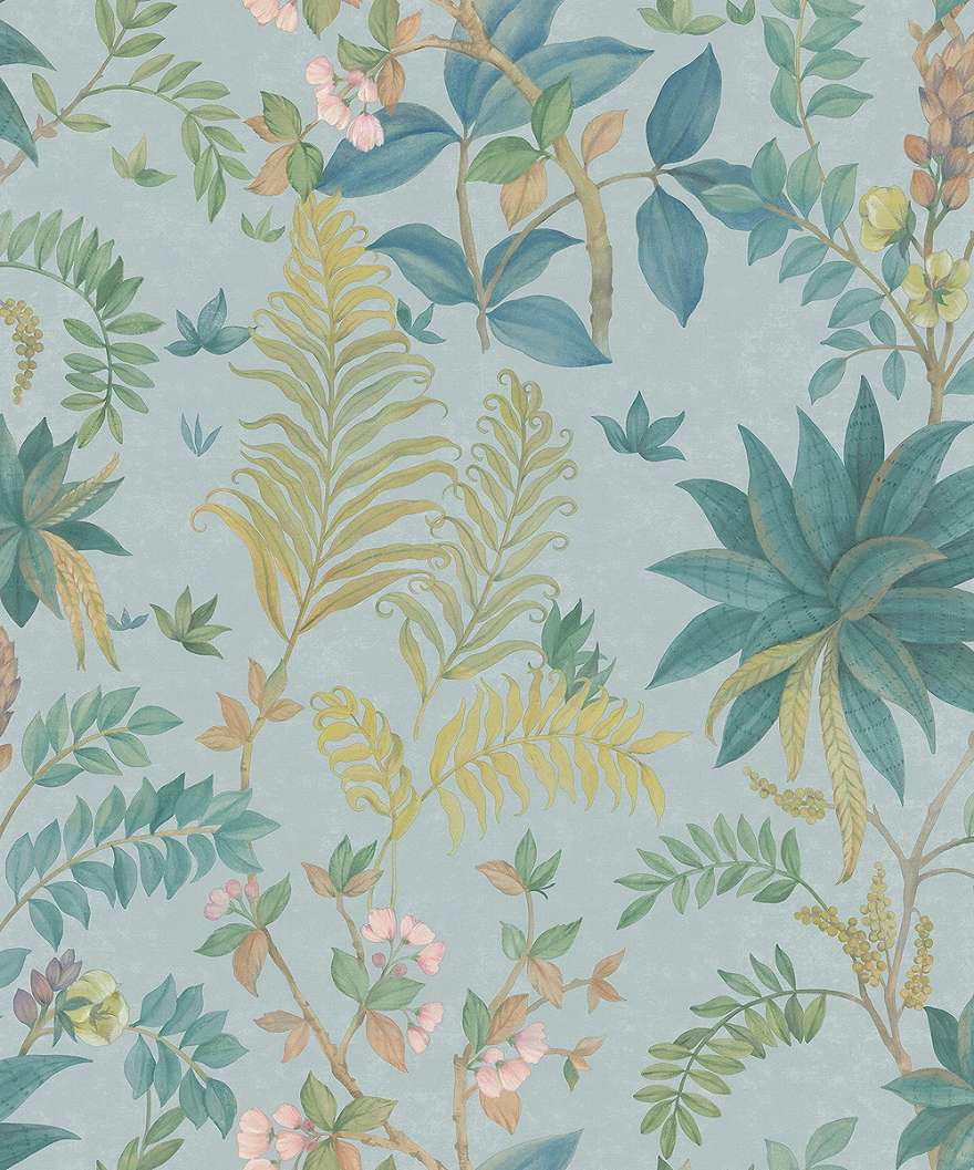 Dekor tapéta trópusi inda és virág mintával kék színben