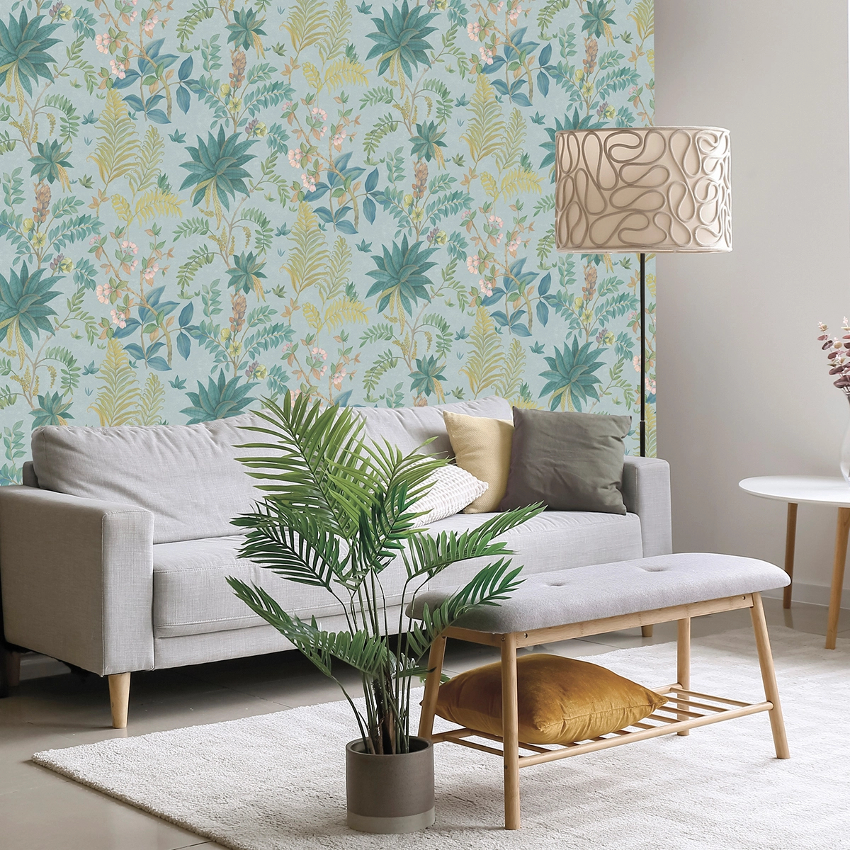 Dekor tapéta trópusi inda és virág mintával kék színben