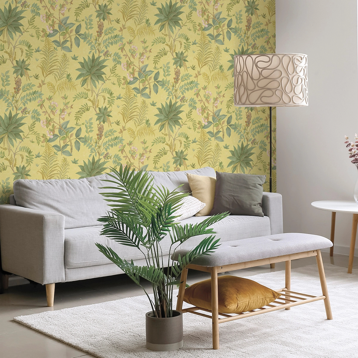 Dekor tapéta trópusi inda és virág mintával üdezöld színben