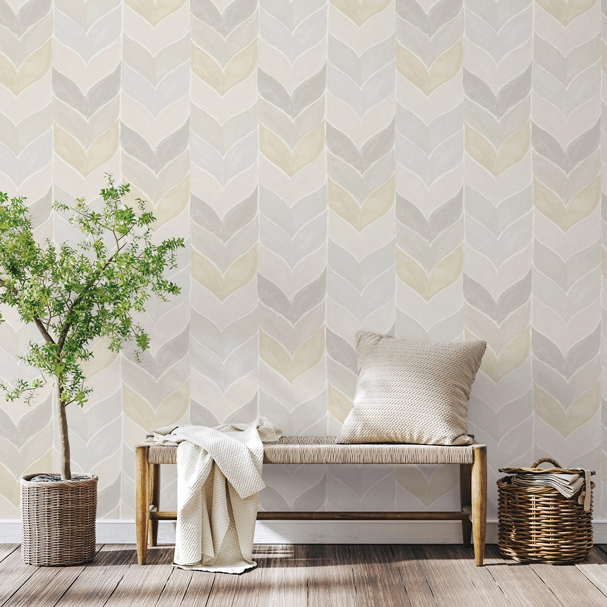 Dekor tapéta trópusi levél és csíkos mintával szürke és beige színben