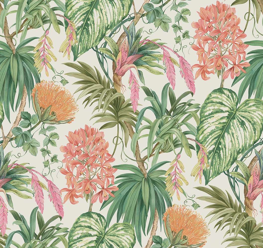 Dekor tapéta trópusi levél és virág mintával élénk színben